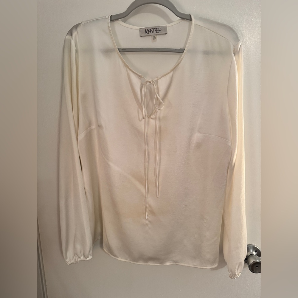 Kasper Cream Silky Blouse with Tie Neck size XL